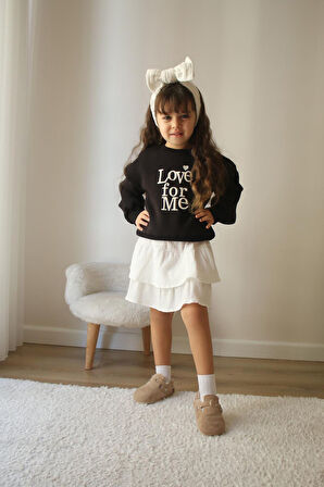 Miniğimin Cicileri Love forMe Nakışlı Sweat Etek Kız Çocuk Takım - Siyah