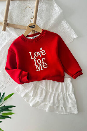 Miniğimin Cicileri Love forMe Nakışlı Sweat Etek Kız Çocuk Takım - Kırmızı