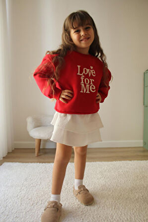 Miniğimin Cicileri Love forMe Nakışlı Sweat Etek Kız Çocuk Takım - Kırmızı