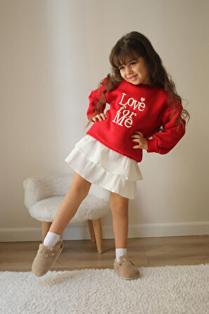 Miniğimin Cicileri Love forMe Nakışlı Sweat Etek Kız Çocuk Takım - Kırmızı