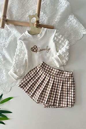Miniğimin Cicileri Lovely Nakışlı Bluz ve Ekoseli Pileli Etek Kız Çocuk Takımı - Kahverengi