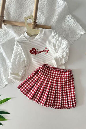 Miniğimin Cicileri Lovely Nakışlı Bluz ve Ekoseli Pileli Etek Kız Çocuk Takımı - Kırmızı