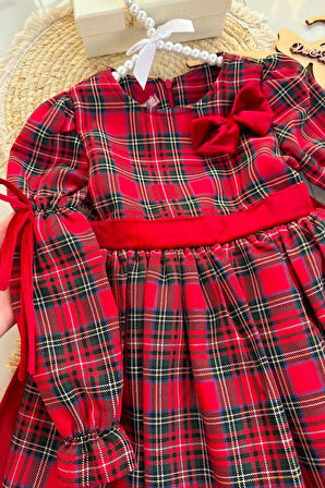 Miniğimin Cicileri Yılbaşı Ekose Fiyonk Kadife Detaylı Kız Çocuk Elbise - Kırmızı