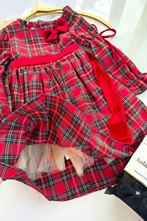 Miniğimin Cicileri Yılbaşı Ekose Fiyonk Kadife Detaylı Kız Çocuk Elbise - Kırmızı