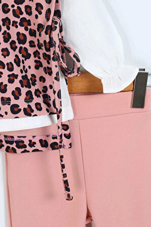 Miniğimin Cicileri Leopar Cepkenli Fisto Yakalı Kız Çocuk 3 lü Takım - Pudra