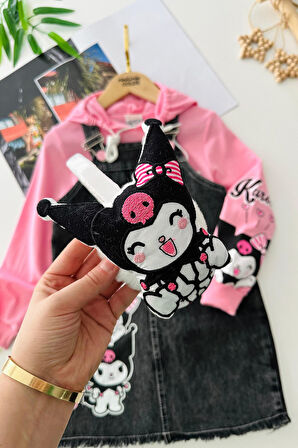 Miniğimin Cicileri Krm Baskılı Kulaklıklı Kız Çocuk 3 lü Kot Jileli Takım - Siyah