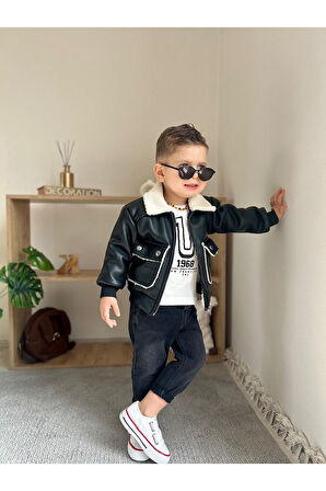 Miniğimin Cicileri Deri Kürklü Cepli Montlu Run Baskı 3 Lü Erkek Çocuk Takım - Siyah
