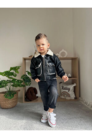 Miniğimin Cicileri Deri Kürklü Cepli Montlu Run Baskı 3 Lü Erkek Çocuk Takım - Siyah