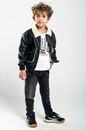 Miniğimin Cicileri Deri Kürklü Cepli Montlu Run Baskı 3 Lü Erkek Çocuk Takım - Siyah