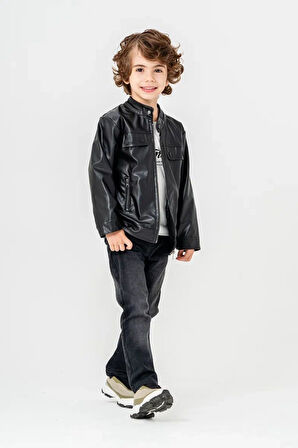 Miniğimin Cicileri Deri Ceketli Adventige Baskı 3 Lü Erkek Çocuk Takım - Siyah