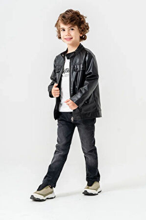 Miniğimin Cicileri Deri Ceketli Adventige Baskı 3 Lü Erkek Çocuk Takım - Siyah