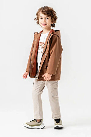 Miniğimin Cicileri Cepli Deri Montlu Erkek Çocuk Kapüşonlu 3 lü Takım - Kahverengi