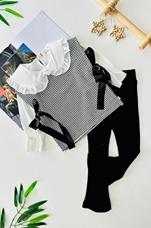 Miniğimin Cicileri Kazayağı süveterli bebe yaka gömlekli fitilli taytlı 3 parça kız çocuk takım - S