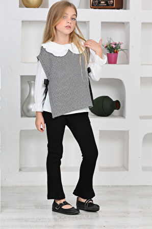 Miniğimin Cicileri Kazayağı süveterli bebe yaka gömlekli fitilli taytlı 3 parça kız çocuk takım - S