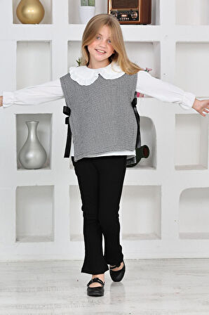 Miniğimin Cicileri Kazayağı süveterli bebe yaka gömlekli fitilli taytlı 3 parça kız çocuk takım - S