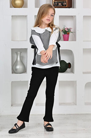 Miniğimin Cicileri Kazayağı süveterli bebe yaka gömlekli fitilli taytlı 3 parça kız çocuk takım - S