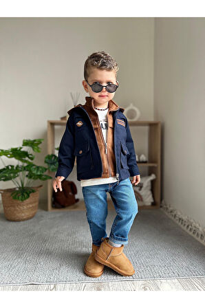 Miniğimin Cicileri Lifeis Meantto Good 4 parça Süet yelekli Kapüşonlu Ceketli Takım - Lacivert