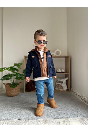 Miniğimin Cicileri Lifeis Meantto Good 4 parça Süet yelekli Kapüşonlu Ceketli Takım - Lacivert