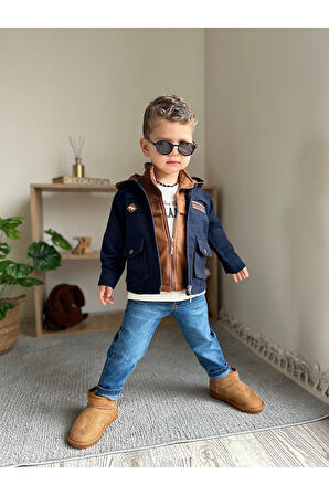 Miniğimin Cicileri Lifeis Meantto Good 4 parça Süet yelekli Kapüşonlu Ceketli Takım - Lacivert