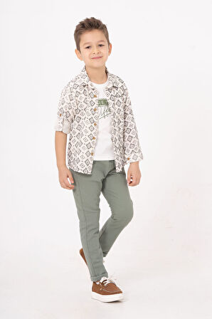 Miniğimin Cicileri Etnik desen Müslin Pamuk Gömlek Keten Pantolon Erkek Çocuk Takım - Yeşil