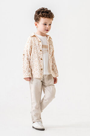 Miniğimin Cicileri Etnik desen Müslin Pamuk Gömlek Keten Pantolon Erkek Çocuk Takım - Bej