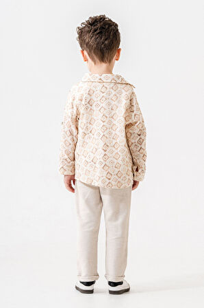 Miniğimin Cicileri Etnik desen Müslin Pamuk Gömlek Keten Pantolon Erkek Çocuk Takım - Bej