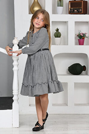 Miniğimin Cicileri Kemerli Eteği Piliseli Kız Çocuk Kazayağı Desen Elbise - SiyahBeyaz