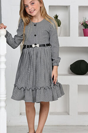 Miniğimin Cicileri Kemerli Eteği Piliseli Kız Çocuk Kazayağı Desen Elbise - SiyahBeyaz