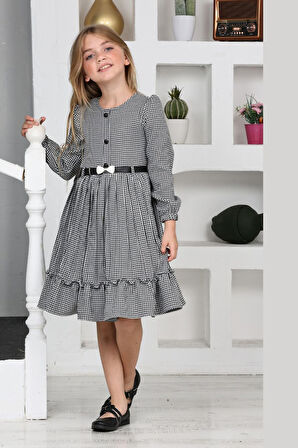 Miniğimin Cicileri Kemerli Eteği Piliseli Kız Çocuk Kazayağı Desen Elbise - SiyahBeyaz