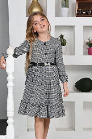 Miniğimin Cicileri Kemerli Eteği Piliseli Kız Çocuk Kazayağı Desen Elbise - SiyahBeyaz