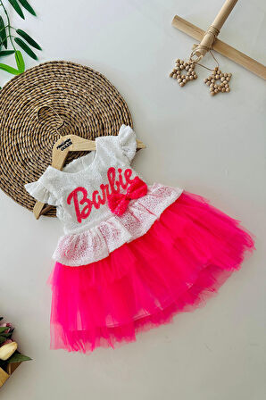 Miniğimin Cicileri Barbie Payet Detaylı Kat Kat Tütülü Kız Çocuk Elbise - Fuşya