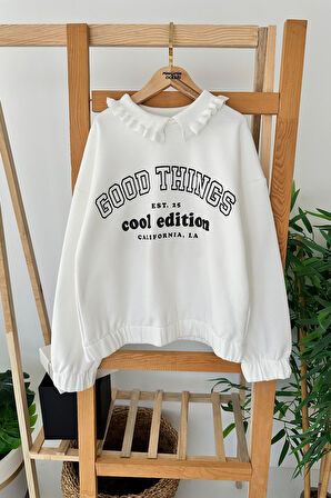 Miniğimin Cicileri Good Things Baskılı Yakalı Kız Çocuk Sweat - Beyaz