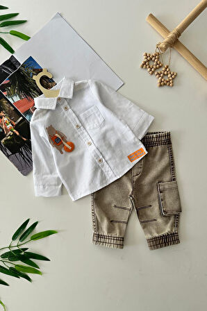 Miniğimin Cicileri Ayıcık İşlemeli Kargo Cep Erkek Bebek Takım - Beyaz