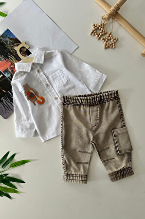 Miniğimin Cicileri Ayıcık İşlemeli Kargo Cep Erkek Bebek Takım - Beyaz