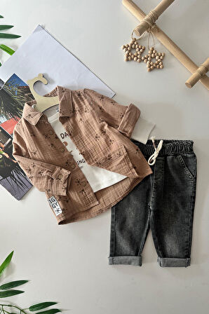 Miniğimin Cicileri Pati Baskılı Müslin pamuklu Erkek Bebek 3 lü Takım - Kahverengi