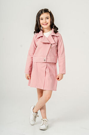 Miniğimin Cicileri (7-11 Yaş) Gabardin Kruvaze Yaka Ceket Etekli 3 lü takım - Pembe