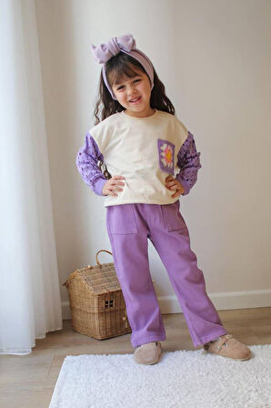 Miniğimin Cicileri Örgü Kollu Gabardin Pantolon Kız Çocuk Takım - Lila