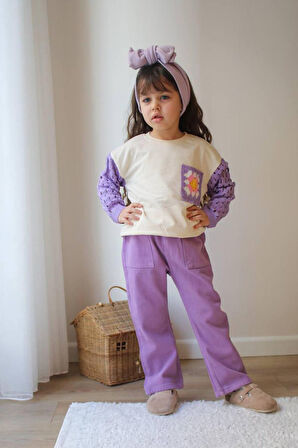 Miniğimin Cicileri Örgü Kollu Gabardin Pantolon Kız Çocuk Takım - Lila