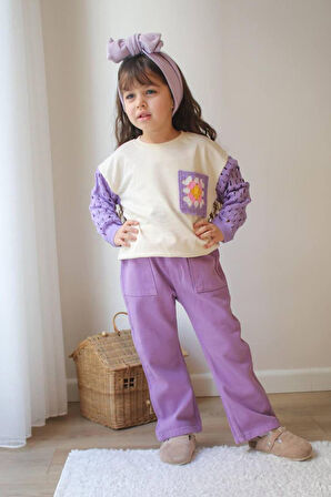 Miniğimin Cicileri Örgü Kollu Gabardin Pantolon Kız Çocuk Takım - Lila