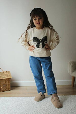 Miniğimin Cicileri İnci Fiyonk Taşlı Kotlu Kız Çocuk Takım - Krem