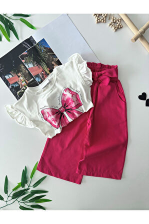 Miniğimin Cicileri Fiyonk Baskılı Omuz Detaylı Sweat Gabardin Pantolon Kız Çocuk Takım - Pembe