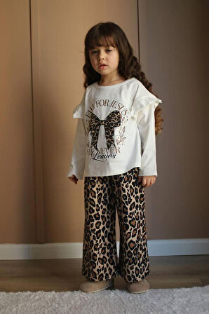 Miniğimin Cicileri Fiyonk Leopar Desen Kız Çocuk Takım - Ekru