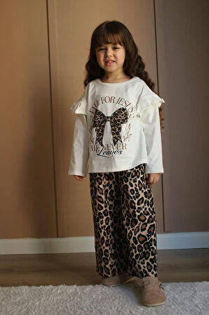 Miniğimin Cicileri Fiyonk Leopar Desen Kız Çocuk Takım - Ekru