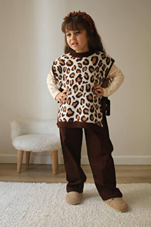 Miniğinin Cicileri Triko Leopar Süveter Kız Çocuk Takım - Kahverengi