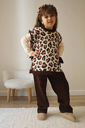 Miniğinin Cicileri Triko Leopar Süveter Kız Çocuk Takım - Kahverengi