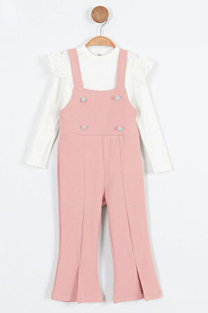 Miniğimin Cicileri Askılı Taş Düğme Detaylı Tulum ve Fırfırlı Beyaz Bluz Kız Çocuk Takım - Pembe