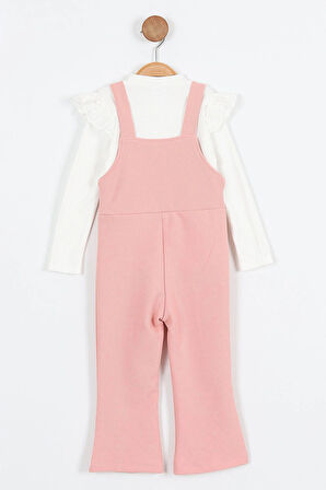 Miniğimin Cicileri Askılı Taş Düğme Detaylı Tulum ve Fırfırlı Beyaz Bluz Kız Çocuk Takım - Pembe
