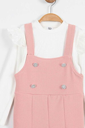 Miniğimin Cicileri Askılı Taş Düğme Detaylı Tulum ve Fırfırlı Beyaz Bluz Kız Çocuk Takım - Pembe