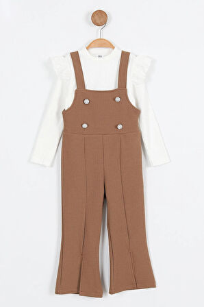 Miniğimin Cicileri Askılı Taş Düğme Detaylı Tulum ve Fırfırlı Beyaz Bluz Kız Çocuk Takım - Kahveren