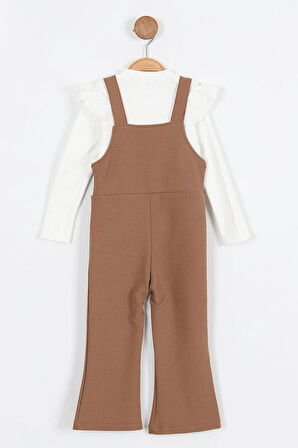 Miniğimin Cicileri Askılı Taş Düğme Detaylı Tulum ve Fırfırlı Beyaz Bluz Kız Çocuk Takım - Kahveren